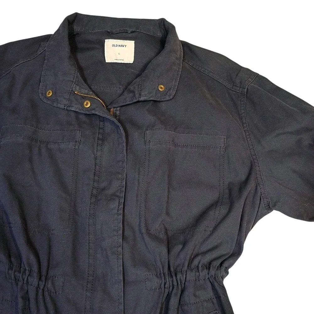 Old Navy Field Jacket Womens L Blue Chore Zip Up Twill Waist Tie Outdoor Utility